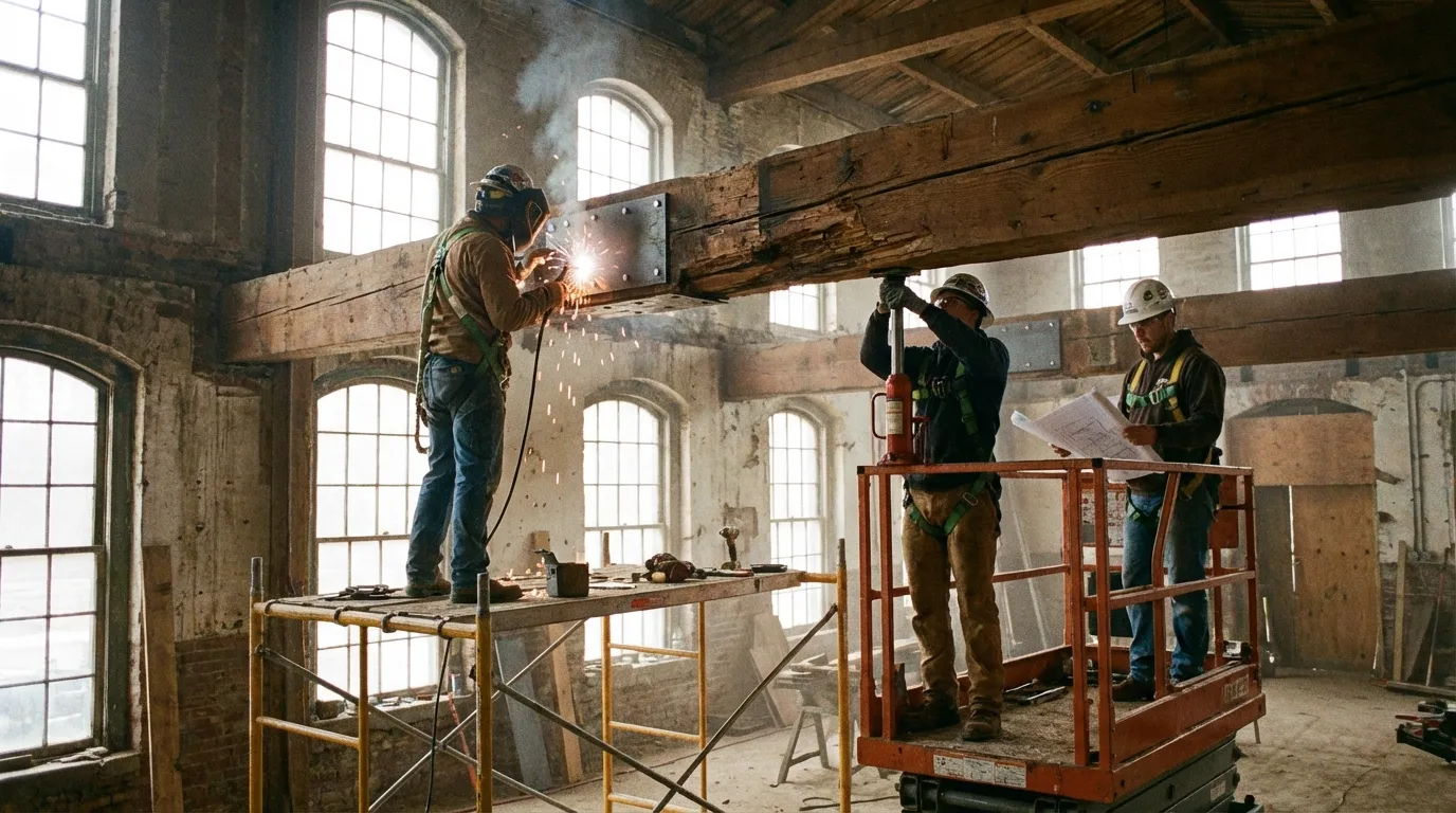 Contractors repairing ceiling beams