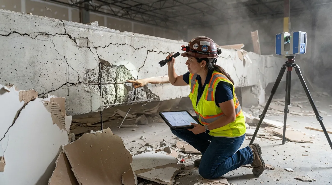 Engineer inspecting damage